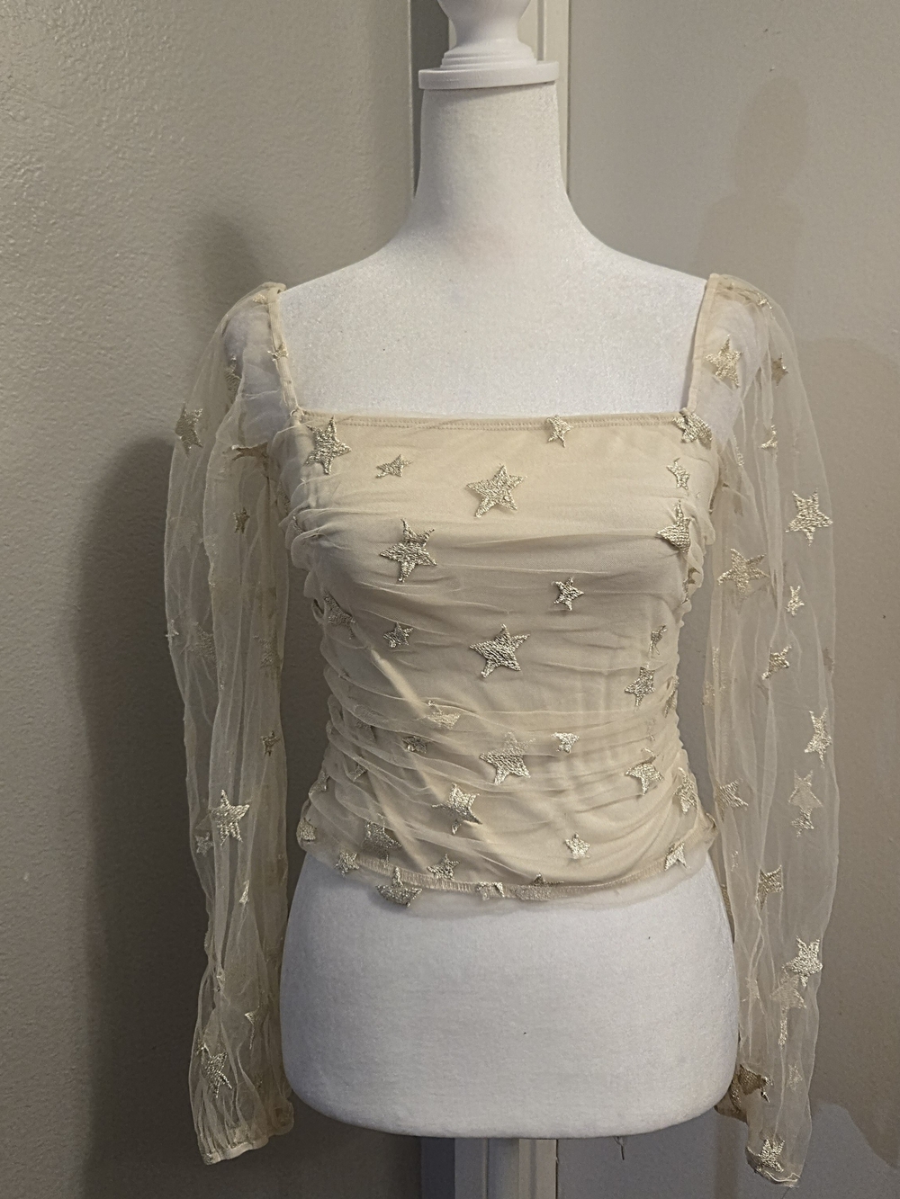 Le Lis Sheer Star-Embroidered Cream Long-Sleeve Corset Top Size Small